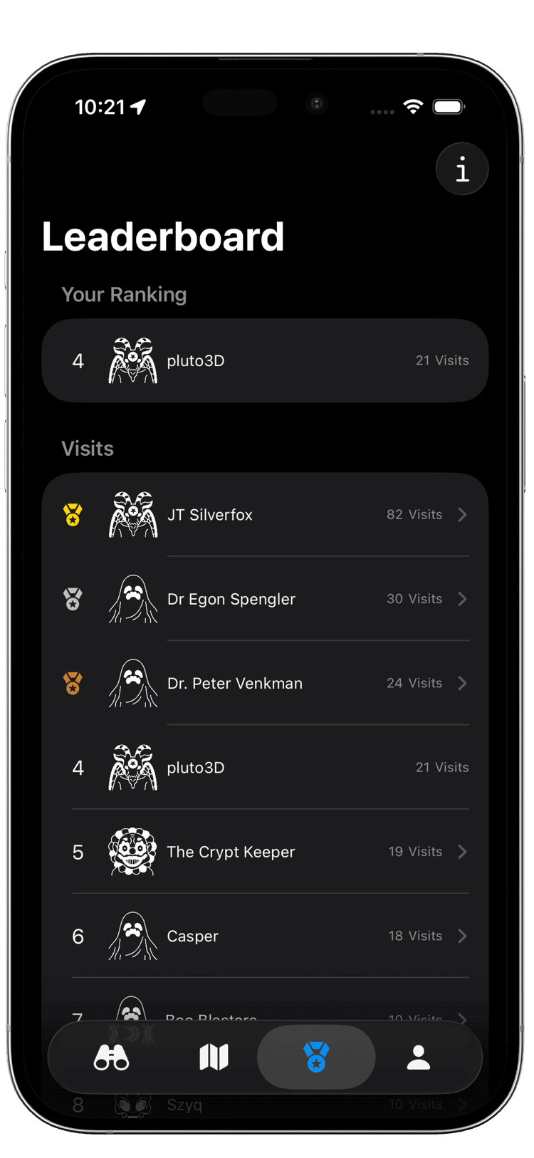 Compete on the leaderboard of visiting haunted locations